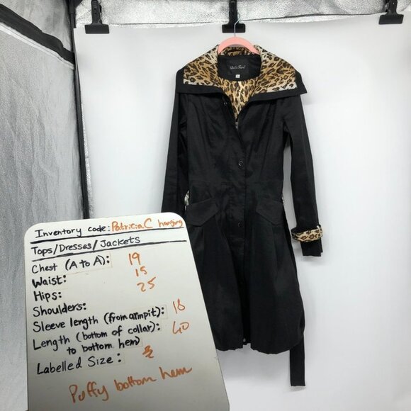 Bella Fare Black Cheetah Print Trim Lining retro slim fit Trench Coat size M - Picture 12 of 13
